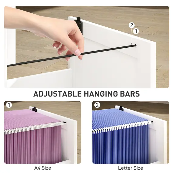 Buy 3 Drawer Filing Cabinet with Lock, Office Storage Cabinet with Adjustable Hanging Bars for A4 Letter Size Files, White, 4 image