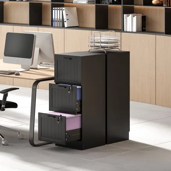 Buy 3 Drawer Filing Cabinet with Lock, Office Storage Cabinet with Adjustable Hanging Bars for A4 Letter Size Files, Black, 8 image