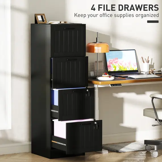 Buy 4 Drawer Filing Cabinet with Lock, Office Storage Cabinet with Adjustable Hanging Bars for A4 Letter Size Files, Black, 4 image