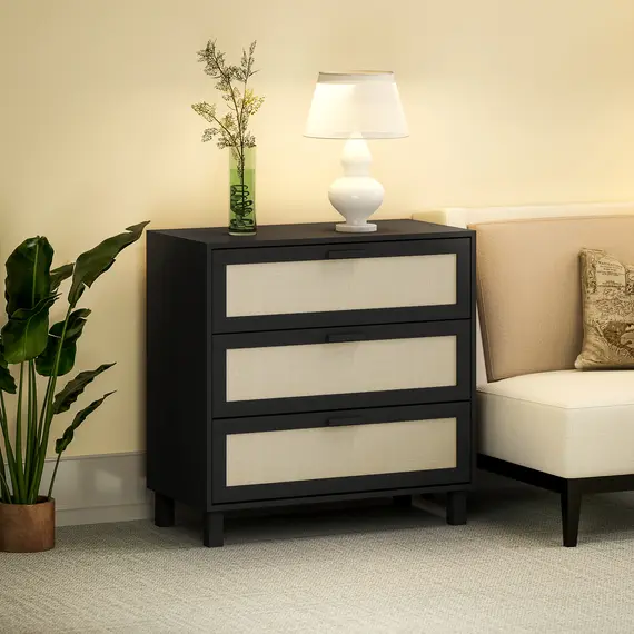 Buy Rattan Bedroom Chest of Drawers, 3 Drawers Storage Unit, Boho Dresser for Living Room, Hallway, Black, 8 image