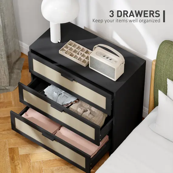 Buy Rattan Bedroom Chest of Drawers, 3 Drawers Storage Unit, Boho Dresser for Living Room, Hallway, Black, 5 image