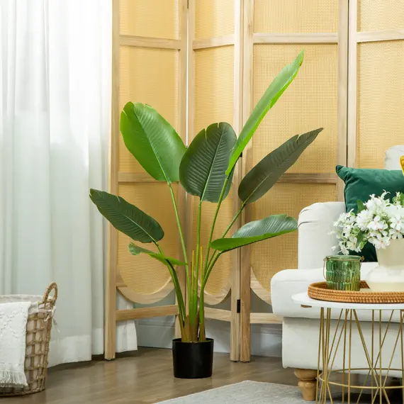 Buy 109cm Artificial Bird of Paradise Plant, Faux Banana Leaf Tree with PEVA Leaves and Flocking, Decorative Palm Tree in Pot for Home Office Decor, Green, 9 image
