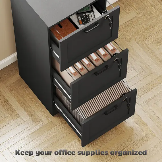 Buy 3-Drawer Filing Cabinet with Lock - Black, 4 image