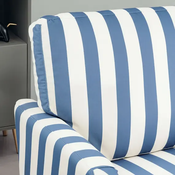 Buy Modern Cuddle Chair, Velvet Single Sofa Armchair with Stripe, Turned Legs and Wide Seat, Upholstered Snuggle Chair for Living Room, Bedroom, Blue and White, 8 image