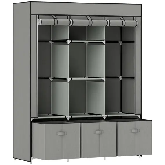 Buy Foldable Fabric Wardrobe for Bedroom, Portable Wardrobe with 5 Shelves, 2 Hanging Rails and 3 Fabric Drawers, Light Grey