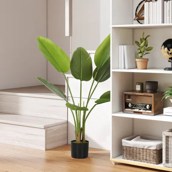 Buy 109cm Artificial Bird of Paradise Plant, Faux Banana Leaf Tree with PEVA Leaves and Flocking, Decorative Palm Tree in Pot for Home Office Decor, Green, 2 image