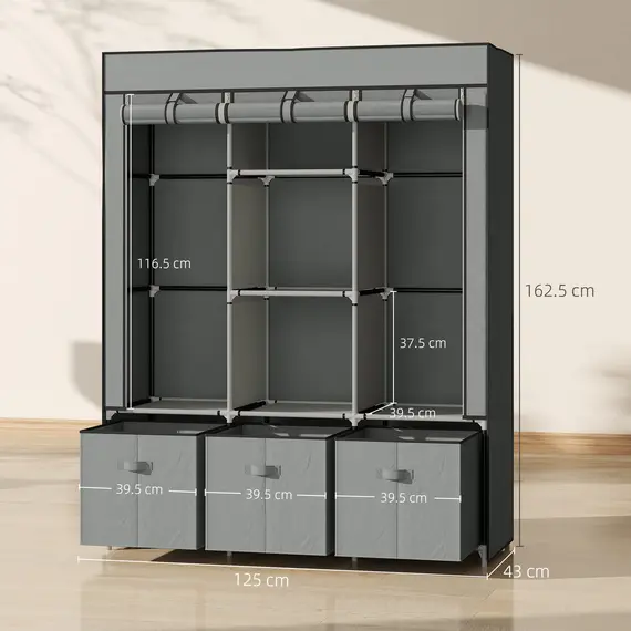 Buy Foldable Fabric Wardrobe for Bedroom, Portable Wardrobe with 5 Shelves, 2 Hanging Rails and 3 Fabric Drawers, Light Grey, 3 image