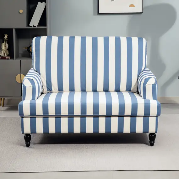 Buy Modern Cuddle Chair, Velvet Single Sofa Armchair with Stripe, Turned Legs and Wide Seat, Upholstered Snuggle Chair for Living Room, Bedroom, Blue and White, 7 image