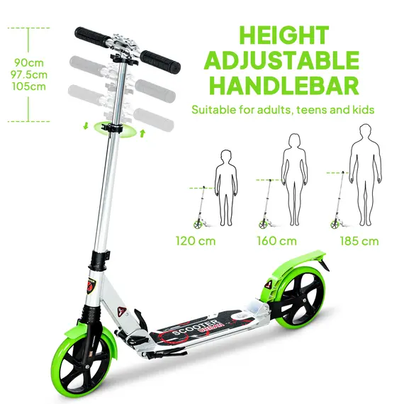Buy HOMCOM Folding Kick Scooter, Adjustable Ride On Scooter with 200mm Big Wheels and Double Shock Absorption, Urban Scooter for 14+ Teens Adult, Green, 4 image