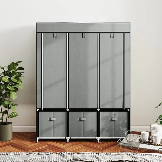 Buy Foldable Fabric Wardrobe for Bedroom, Portable Wardrobe with 5 Shelves, 2 Hanging Rails and 3 Fabric Drawers, Light Grey, 9 image
