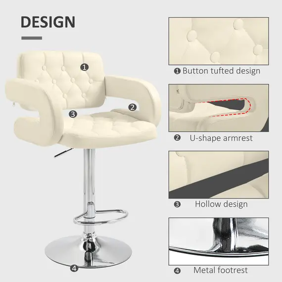Buy Upholstered Swivel Bar Stool, Set of 2 Height Adjustable Barstool with Back, Armrest, Footrest for Kitchen, White, 7 image