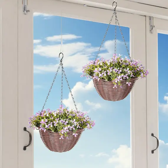 Buy Artificial Flowers in Basket Set of 2, Artificial Hanging Baskets with 75 Leaves and 15 Flowers in Pot, Decorative Plant for Home Office Decor, Purple, 2 image