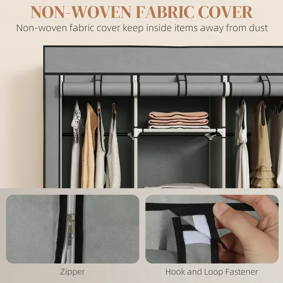 Buy Foldable Fabric Wardrobe for Bedroom, Portable Wardrobe with 5 Shelves, 2 Hanging Rails and 3 Fabric Drawers, Light Grey, 5 image