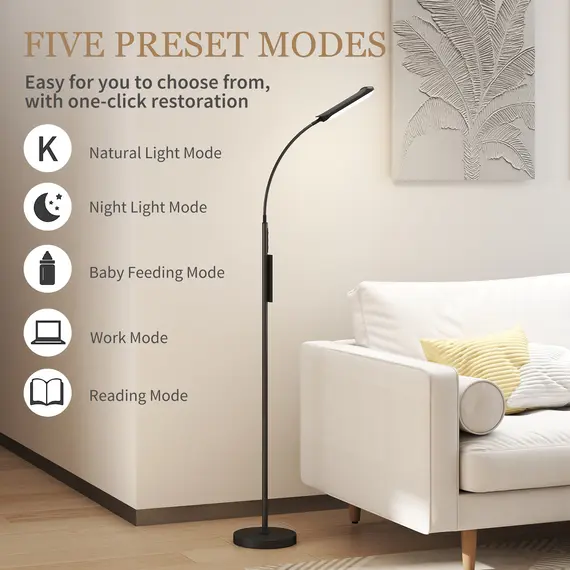 Buy HOMCOM LED Floor Lamp, Standing Lamp with Remote & Touch Control, Stepless Dimmable Colours Temperature & Brightness, 360° Adjustable Gooseneck, 1 Hour Timer, Memory Function for Living Room, Black, 4 image