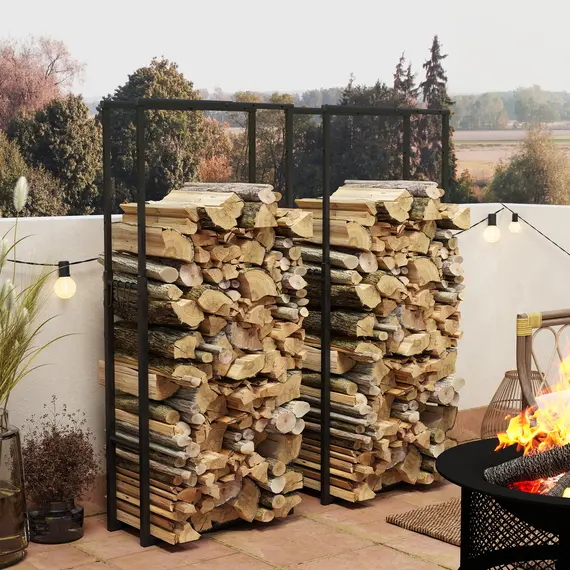Buy Outsunny Firewood Log Rack Set of 2, Retractable Metal Wood Store Holder, Indoor Outdoor Fireplace Log Storage Shelf with Hooks, 65 x 25 x 150 cm, Black, 2 image
