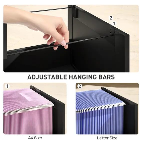 Buy 2 Drawer Filing Cabinet with Lock, Office Storage Cabinet with Adjustable Hanging Bars for A4 Letter Size Files, Black, 5 image