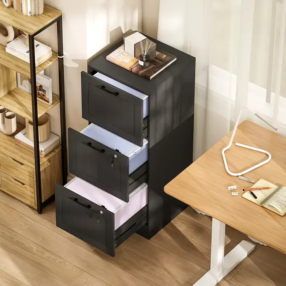 Buy 3 Drawer Filing Cabinet with Lock, Office Storage Cabinet with Adjustable Hanging Bars for A4 Letter Size Files, Black, 7 image