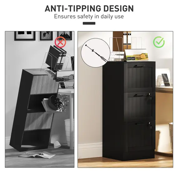 Buy 3 Drawer Filing Cabinet with Lock, Office Storage Cabinet with Adjustable Hanging Bars for A4 Letter Size Files, Black, 6 image