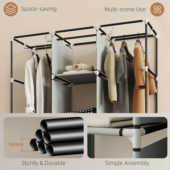 Buy Foldable Fabric Wardrobe for Bedroom, Portable Wardrobe with 5 Shelves, 2 Hanging Rails and 3 Fabric Drawers, Light Grey, 6 image