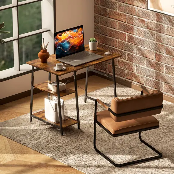 Buy Industrial-Style Work Desk, with Shelves - Brown/Black, 2 image