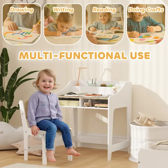Buy Kids Desk and Chair Set, Children Study Table with Storage and Shelves for Study Room, Gift for 3-8 Years, Natural, 4 image