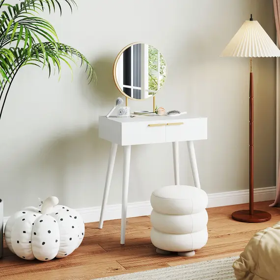 Buy Elegant Dressing Table, with Round Mirror, 60 x 40 x 123 cm - White, 6 image
