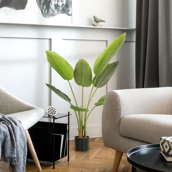Buy 109cm Artificial Bird of Paradise Plant, Faux Banana Leaf Tree with PEVA Leaves and Flocking, Decorative Palm Tree in Pot for Home Office Decor, Green, 8 image