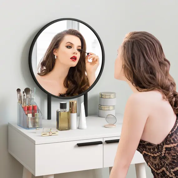 Buy Modern Dressing Table with Round Mirror and Stool, Makeup Vanity Table with 2 Drawers for Bedroom, Living Room, 60 x 40 x 123 cm, White, 7 image