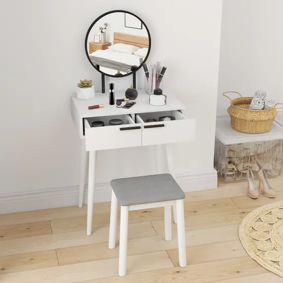 Buy Modern Dressing Table with Round Mirror and Stool, Makeup Vanity Table with 2 Drawers for Bedroom, Living Room, 60 x 40 x 123 cm, White, 6 image
