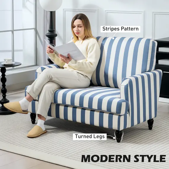Buy Modern Cuddle Chair, Velvet Single Sofa Armchair with Stripe, Turned Legs and Wide Seat, Upholstered Snuggle Chair for Living Room, Bedroom, Blue and White, 4 image
