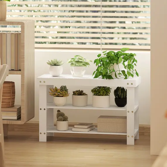 Buy Two Shelf Bamboo Shoe Storage Bench - White, 8 image