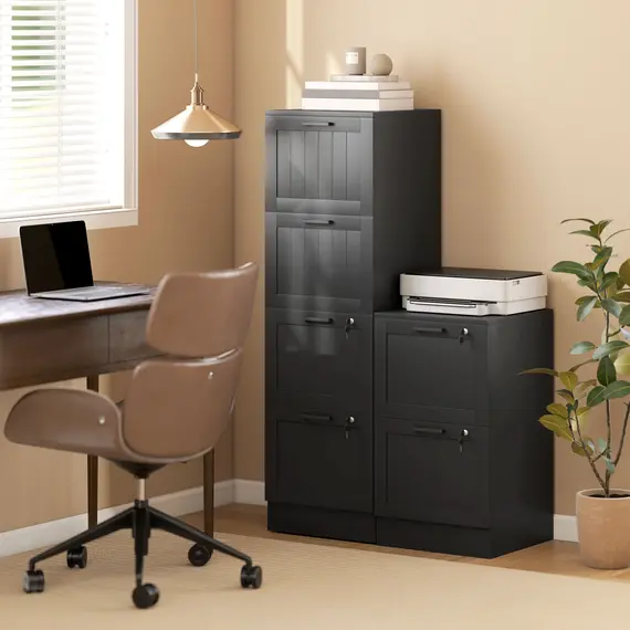 Buy 4 Drawer Filing Cabinet with Lock, Office Storage Cabinet with Adjustable Hanging Bars for A4 Letter Size Files, Black, 8 image