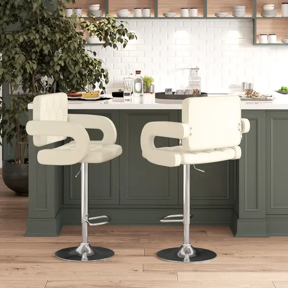 Buy Upholstered Swivel Bar Stool, Set of 2 Height Adjustable Barstool with Back, Armrest, Footrest for Kitchen, White, 2 image