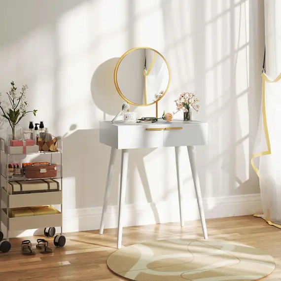 Buy Elegant Dressing Table, with Round Mirror, 60 x 40 x 123 cm - White, 8 image