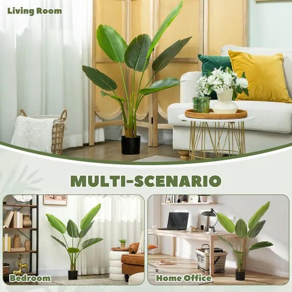 Buy 109cm Artificial Bird of Paradise Plant, Faux Banana Leaf Tree with PEVA Leaves and Flocking, Decorative Palm Tree in Pot for Home Office Decor, Green, 5 image