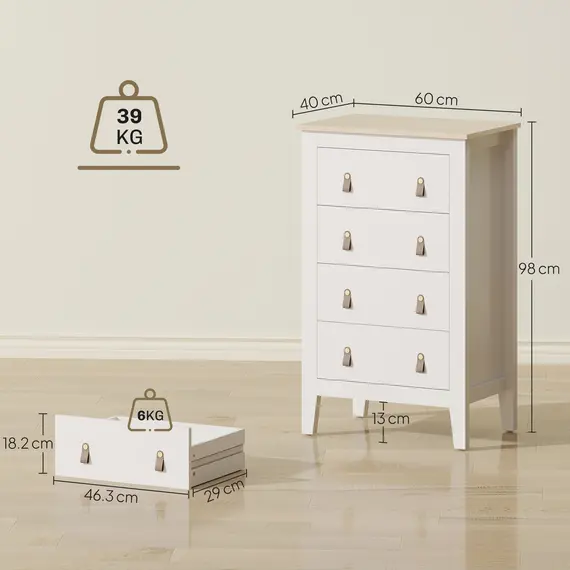 Buy Bedroom Chest of Drawers, Modern 4 Drawer Dresser Cabinet with PU Leather Handles and Metal Runners for Living Room, Hallway, Entryway, 60 x 40 x 98 cm, White, 3 image