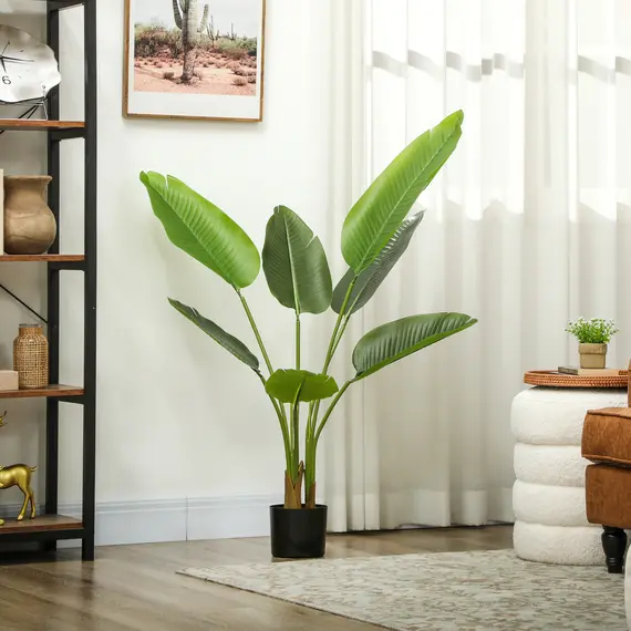 Buy 109cm Artificial Bird of Paradise Plant, Faux Banana Leaf Tree with PEVA Leaves and Flocking, Decorative Palm Tree in Pot for Home Office Decor, Green, 7 image