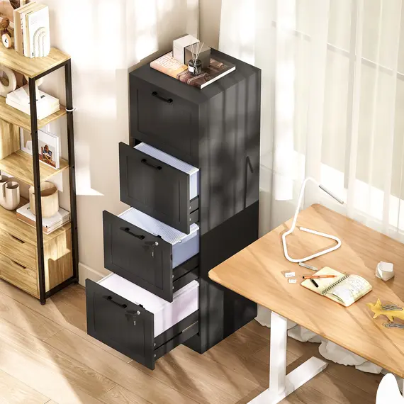 Buy 4 Drawer Filing Cabinet with Lock, Office Storage Cabinet with Adjustable Hanging Bars for A4 Letter Size Files, Black, 9 image