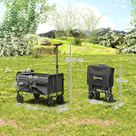 Buy Outsunny 62L Festival Trolley on Wheels, Portable Small Folding Trolley Cart, 60kg Heavy Duty Collapsible Foldable Wagon with Adjustable Handle and Carrying Bag for Beach, Camping, Garden, Black, 3 image