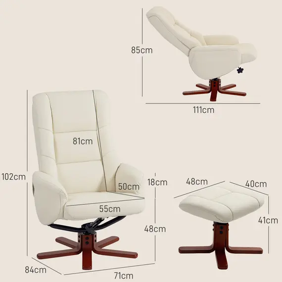 Buy Rocking Recliner Chair with Footstool, PU Leather Recliner Armchair with Wood Base, Upholstered Reclining Chair for Living Room Bedroom, Cream, 3 image