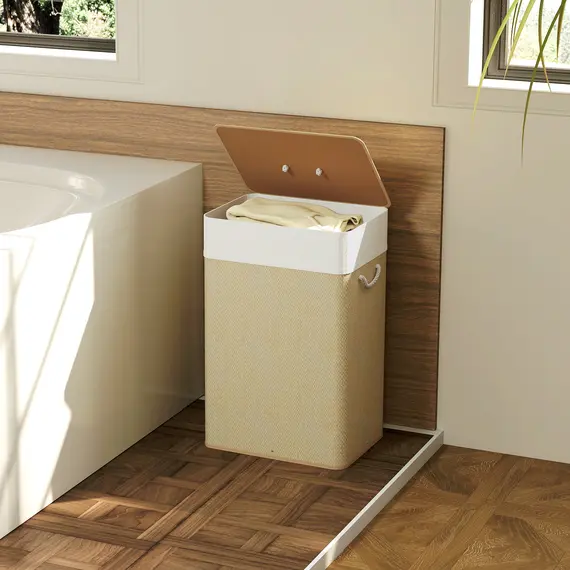 Buy Bamboo Laundry Basket with Lid, 72L Laundry Hamper with Rope Handles, Washing Basket with Removable Washable Liner Bag for Bathroom, Bedroom, Nature Wood Finish, 8 image
