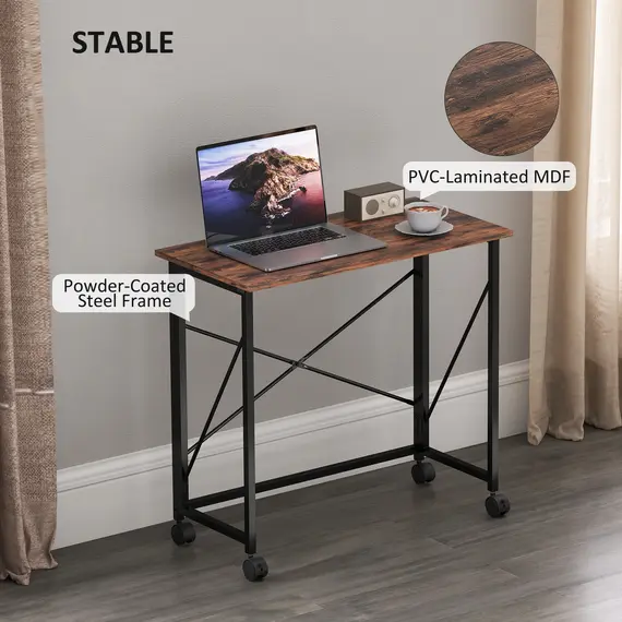 Buy 80 cm Folding Desk on Wheels - Rustic Brown, 6 image