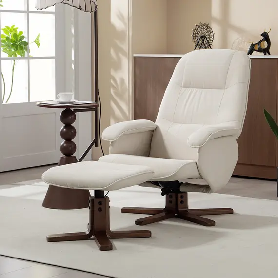 Buy Linen Swivel Recliner Chair with Footstool, Upholstered Reclining Armchair with Wooden Base for Living Room, Beige, 3 image