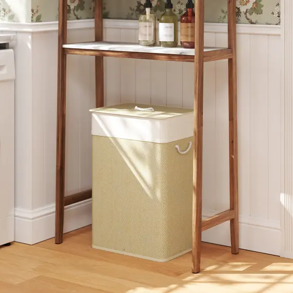 Buy Bamboo Laundry Basket with Lid, 72L Laundry Hamper with Rope Handles, Washing Basket with Removable Washable Liner Bag for Bathroom, Bedroom, Nature Wood Finish, 2 image