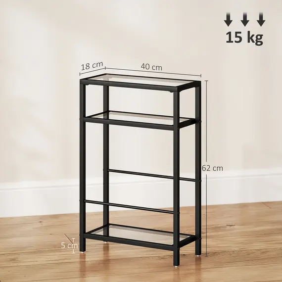 Buy 3-Tier Side Table, Narrow End Table with Storage Shelf and Tempered Glass Tabletop for Small Spaces, Black, 3 image