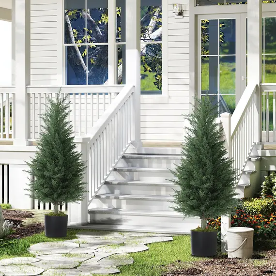 Buy Artificial Cypress Tree, 90 cm Fake Cypress Tree with Plastic Pots, UV-Resistant Faux Plants for Garden Front Porch Decoration, 2 Pack, 2 image