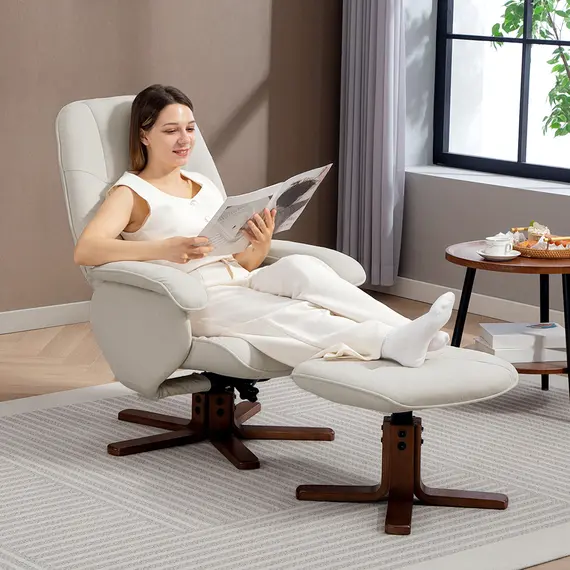 Buy Linen Swivel Recliner Chair with Footstool, Upholstered Reclining Armchair with Wooden Base for Living Room, Beige, 2 image