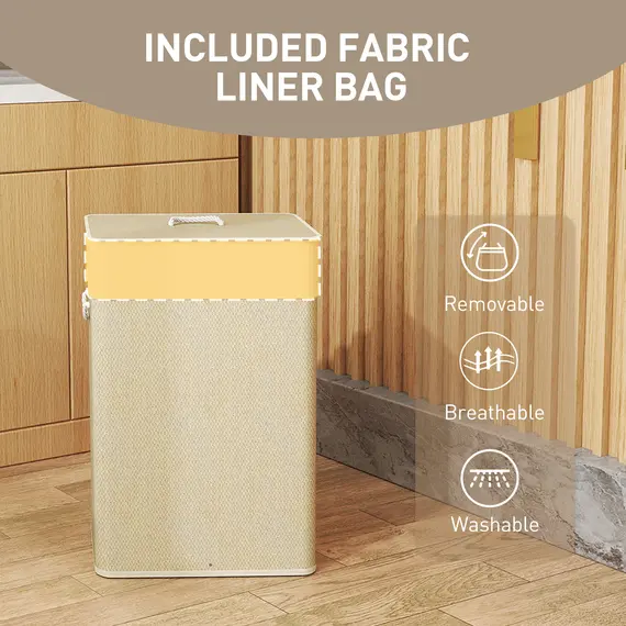 Buy Bamboo Laundry Basket with Lid, 72L Laundry Hamper with Rope Handles, Washing Basket with Removable Washable Liner Bag for Bathroom, Bedroom, Nature Wood Finish, 7 image