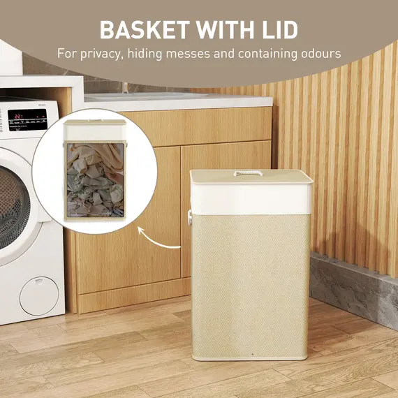 Buy Bamboo Laundry Basket with Lid, 72L Laundry Hamper with Rope Handles, Washing Basket with Removable Washable Liner Bag for Bathroom, Bedroom, Nature Wood Finish, 5 image