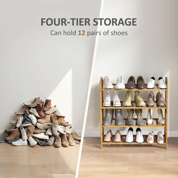 Buy Freestanding Bamboo Shoe Rack, 4-Tier Shoe Shelf Stand for Hallway, Living Room, Bedroom, Natural Wood Finish, 5 image